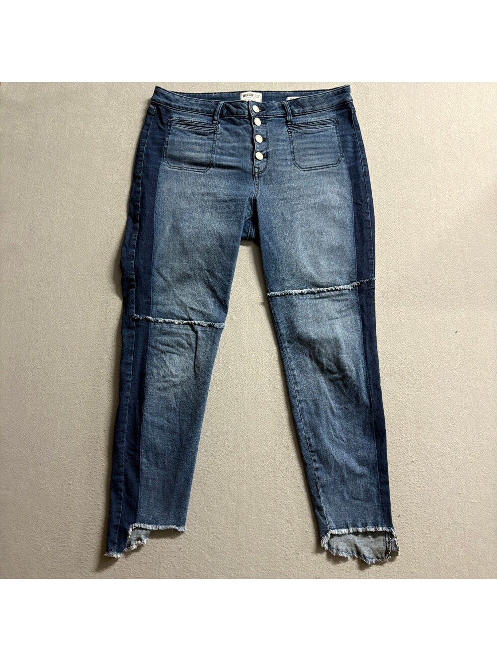 William Rast High Rise Crop Jeans Womens 32 Blue Colorblock Raw Hem Button Fly